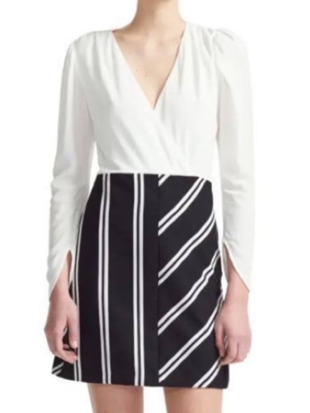 White Wrap-Style Dress with Black & White Striped Skirt